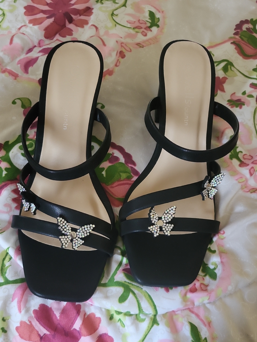 Black Strappy Heeled Sandals with Crystal Butterfly Detail - Women